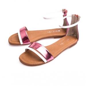 Pink Ankle Strap Flat Shoes With Rubber Soles 