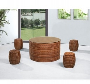 Large Rattan Coffee Table With Stools