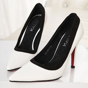 white pointed heels with black trimmings