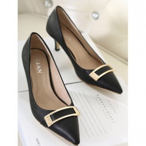 Black pointed leather heels with square buckle