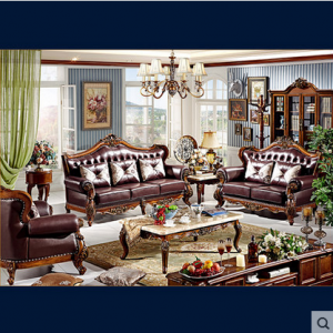 预售-美式纯实木真皮客厅1+2+3组合皮艺沙发