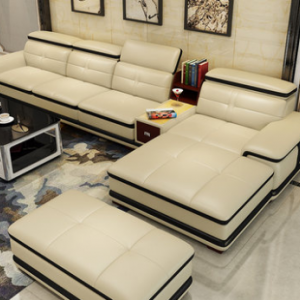 Preorder-Leather three-seat sofa+chaise longue+foot stool+side table