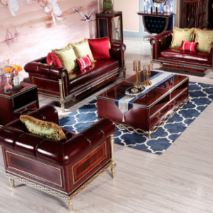 预售-欧式复古实木真皮沙发组合1+2+3