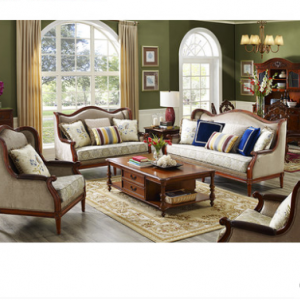 预售-美式实木古典布艺沙发组合1+2+3