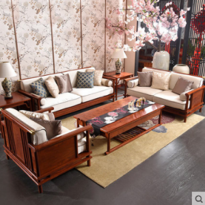 预售-中式实木布艺沙发组合1+2+3+茶几+2个方几