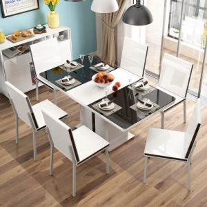 预售-简约现代钢化玻璃可伸缩餐桌套一桌六椅
