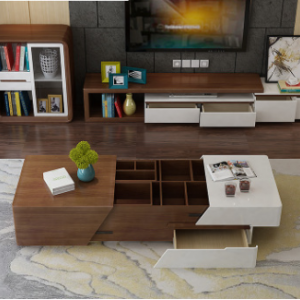 预售-简约现代实木储物烤漆组合电视柜+茶几+边柜