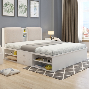预售-简约现代板式双人床主卧1.8米小户型布艺软靠气动高箱储物床