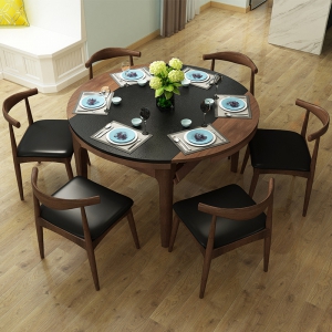 预售-火烧石餐桌现代简约餐桌椅组合伸缩圆形北欧风格实木桌子饭桌家具