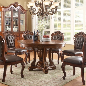 预售-美式实木餐桌欧式餐桌椅组合一桌六椅真皮餐桌