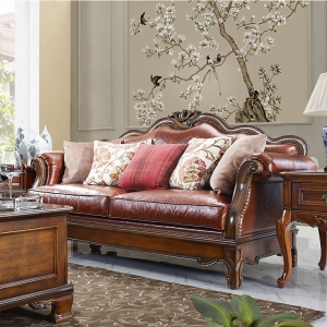 预售-美式乡村实木沙发组合欧式客厅真皮沙发