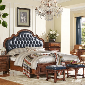 预售-美式实木床1.8米全实木双人床家具美式真皮床欧式大床