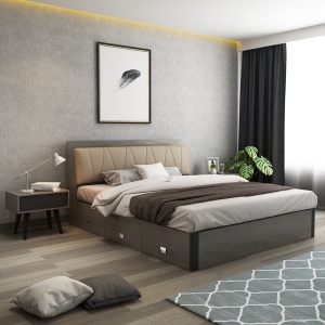 预售-北欧简约现代双人床卧室1.5米1.8米婚床板式高箱床抽屉榻榻