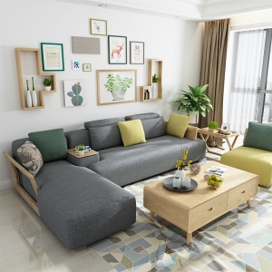 预售-北欧实木沙发 简约布艺小户型客厅转角布沙发 