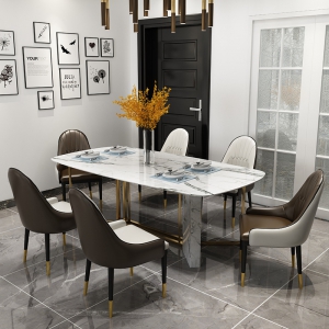 预售-北欧后现代轻奢餐椅不锈钢家具大理石餐桌椅组合长方形6人4人饭桌