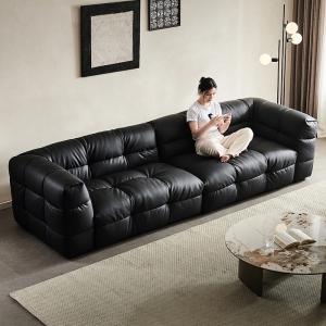 预售-意式极简棉花糖真皮沙发客厅小户型轻奢高档设计师黑色直排沙发3米