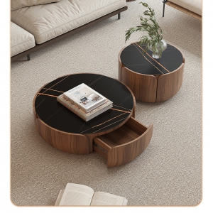 预售-胡桃木框架大小圆岩板茶几组合意式极简家用客厅圆形抽屉储物边几