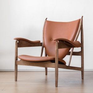 预售-北欧实木休闲椅沙发凳真皮客厅创意设计师原木单人沙发椅